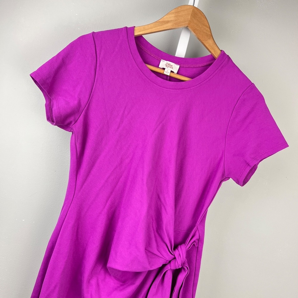 If She Loves Faux Wrap‎ Dress Womens L Magenta Pink Stretch Short Sleeve